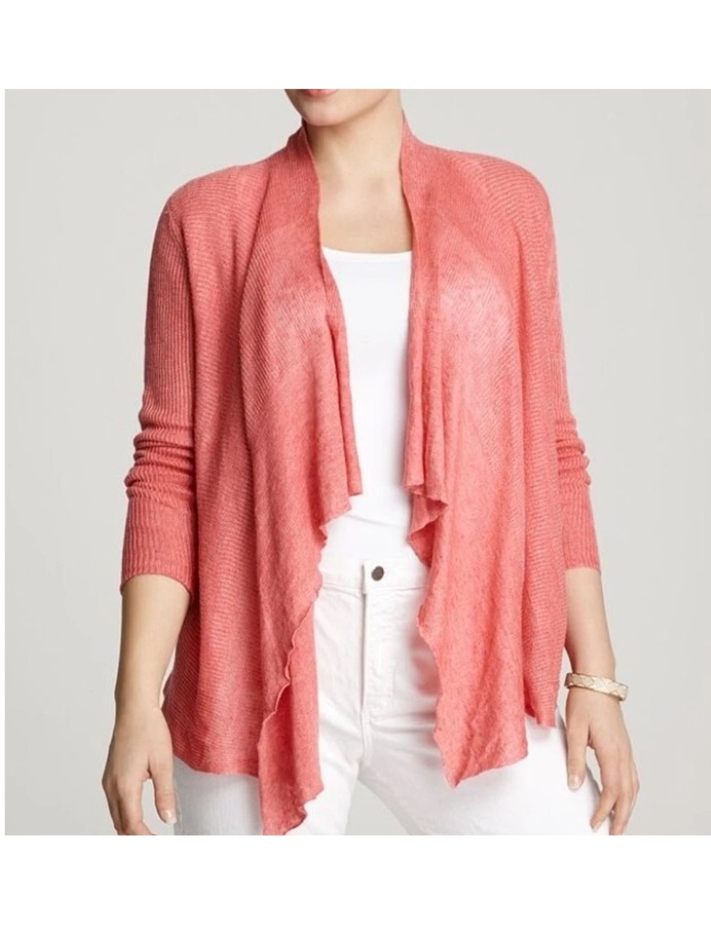 Coral organic linen cascading cardigan Sz M Soft light linen Eileen Fisher